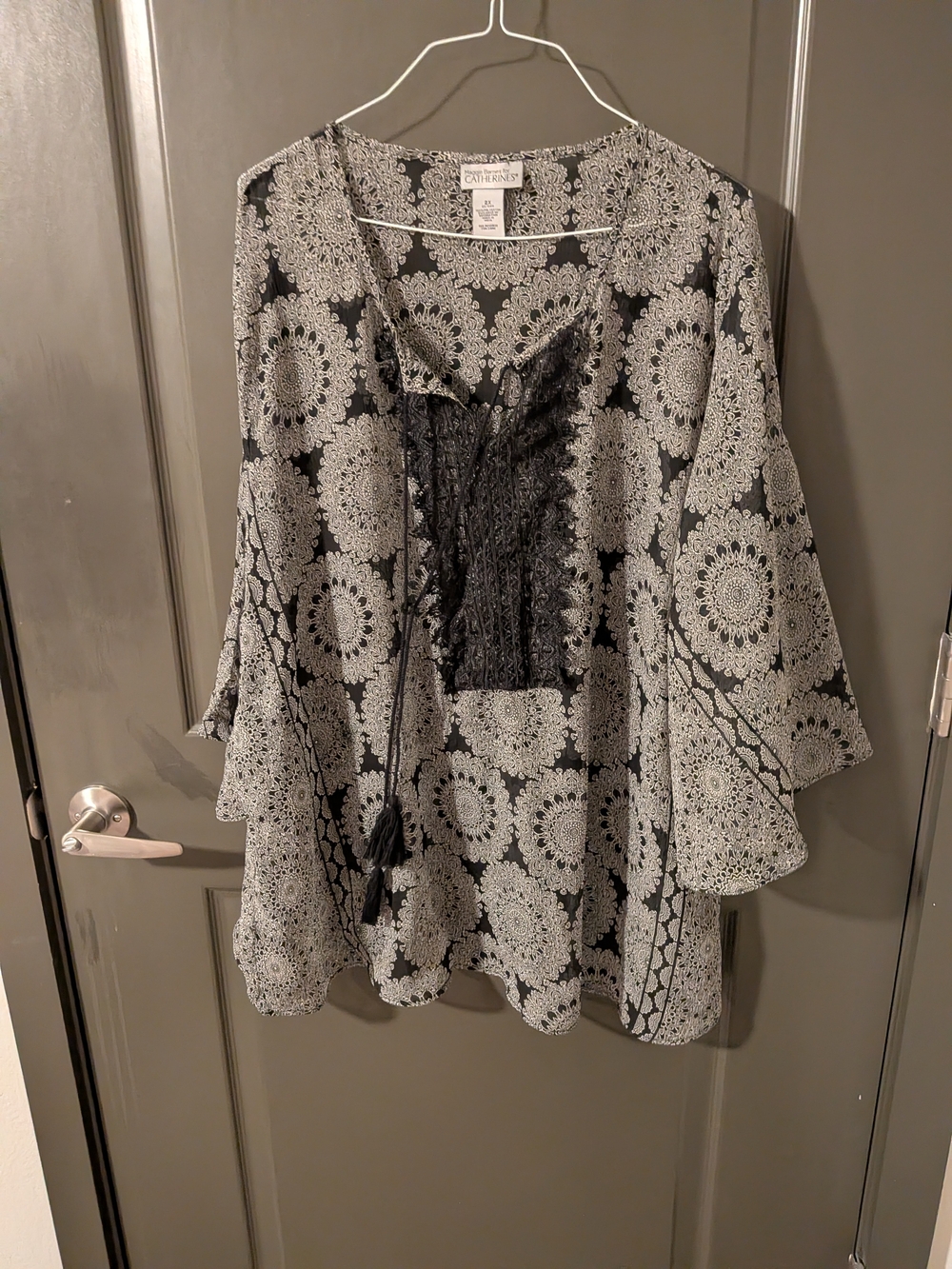 Catherines Black and White Medallion Peasant Blouse